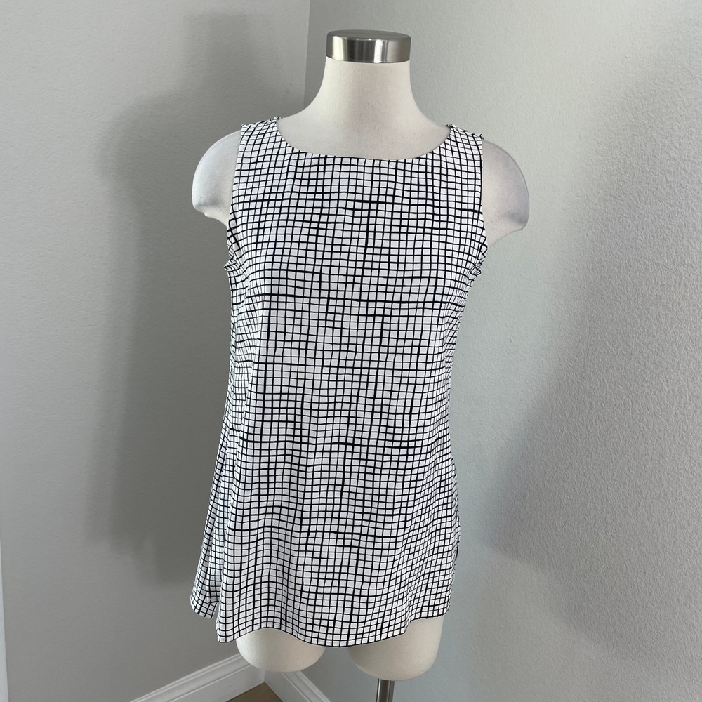 Eileen Fisher Womens Small Black White Windowpane Grid‎ Tencel Viscose Shell Top